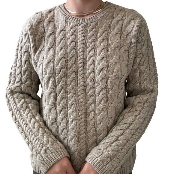 Orvis Cream 100% Shetland Wool Cable Knit Chunky Fisherman Sweater Sz M - Picture 6 of 7